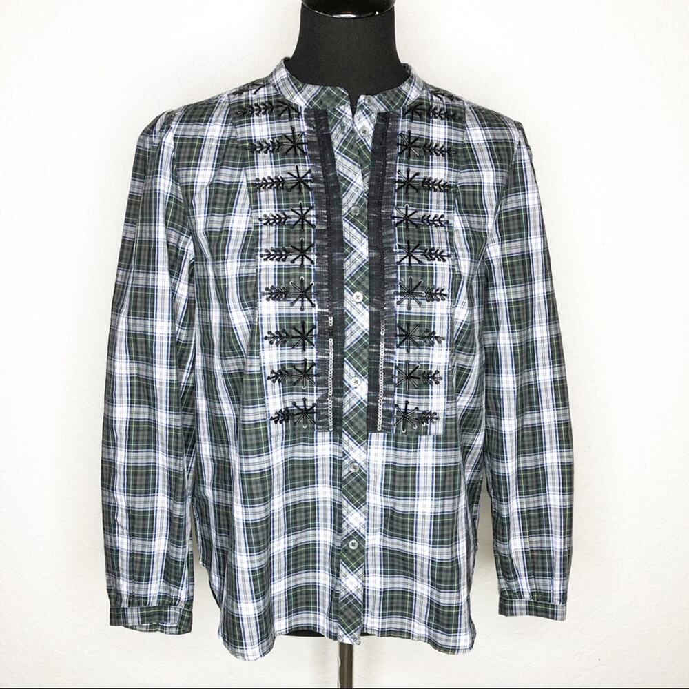 J Crew navy green white plaid beaded trim button down‎ top size Small